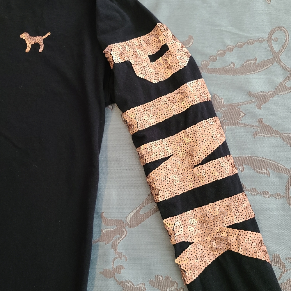 Victoria's Secret PINK Long Sleeve Bling Shirt Black Rose Gold Size XS - Picture 3 of 12